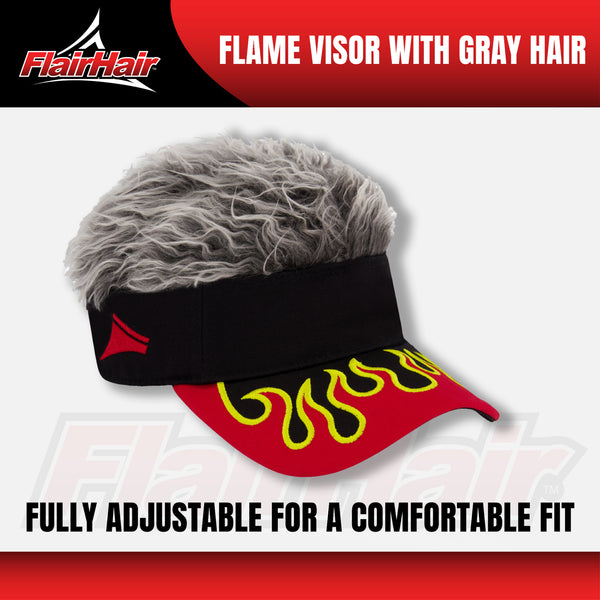 Flair Hair Sun Visor Cap with Fake Hair, Grey Hair with Red Adjustable Baseball Hat and Embroidered Flames, Red, One Size