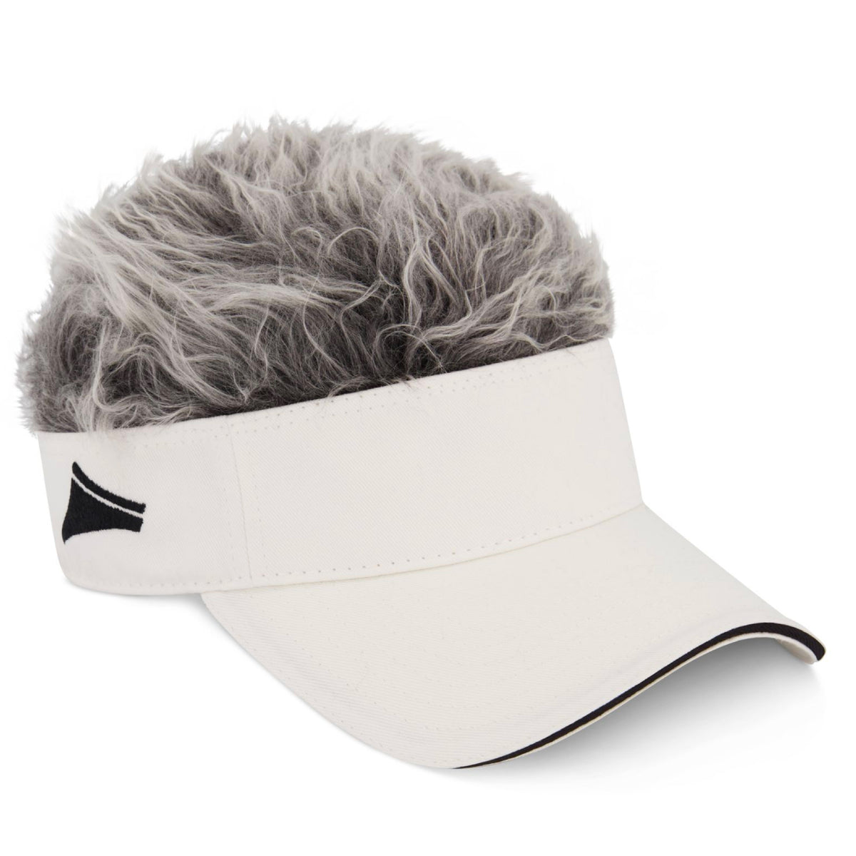 Flair Hair Sun Visor Cap with Fake Hair, Grey Hair with White Adjustab