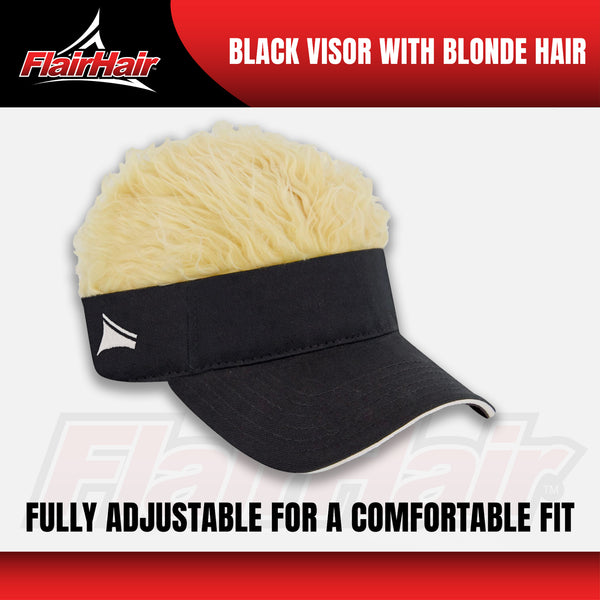 Flair Hair Sun Visor Cap with Fake, Blonde Hair with Black Adjustable Baseball Hat, One Size