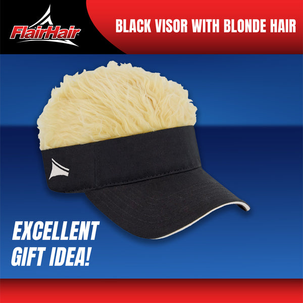 Flair Hair Sun Visor Cap with Fake, Blonde Hair with Black Adjustable Baseball Hat, One Size