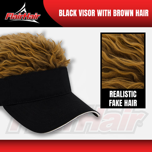 Flair Hair Sun Visor Cap with Fake Hair, Brown Hair with Black Adjustable Baseball Hat, Black, One Size