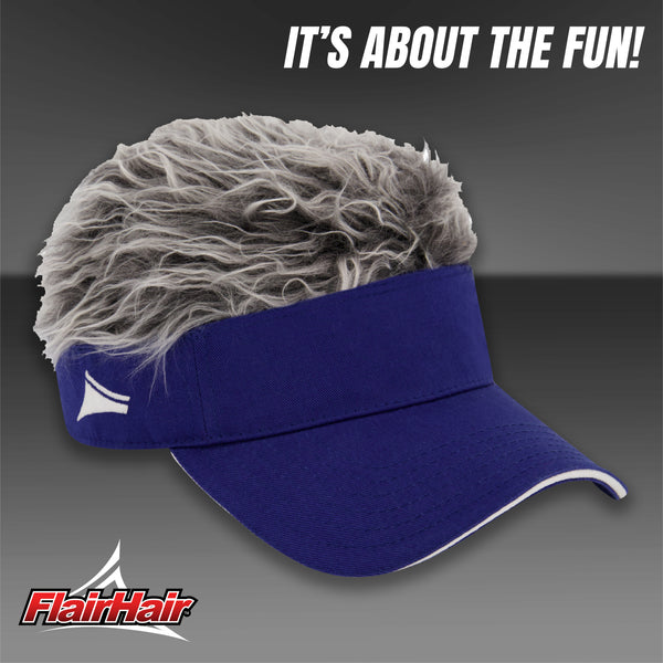 Flair Hair Sun Visor Cap with Fake Hair, Grey Hair with Royal Blue Adjustable Baseball Hat, Royal Blue, One Size