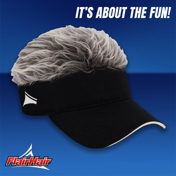 Flair Hair Sun Visor Cap with Fake, Grey Hair with Black Adjustable Baseball Hat, One Size
