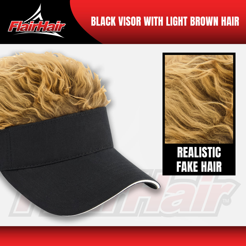 Flair Hair Sun Visor Cap with Fake, Light Brown Hair with Black