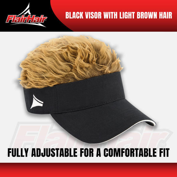 Flair Hair Sun Visor Cap with Fake, Light Brown Hair with Black Adjustable Baseball Hat, One Size