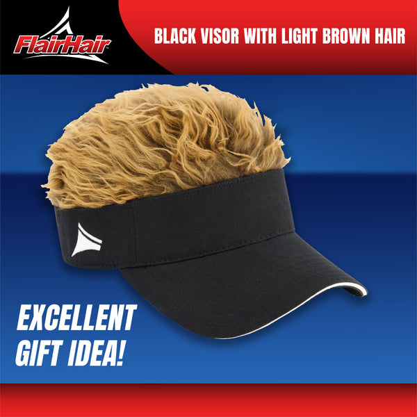 Flair Hair Sun Visor Cap with Fake, Light Brown Hair with Black Adjustable Baseball Hat, One Size