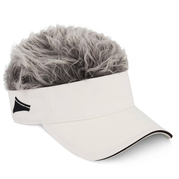 Flair Hair Sun Visor Cap with Fake Hair, Grey Hair with White Adjustable Baseball Hat, White, One Size