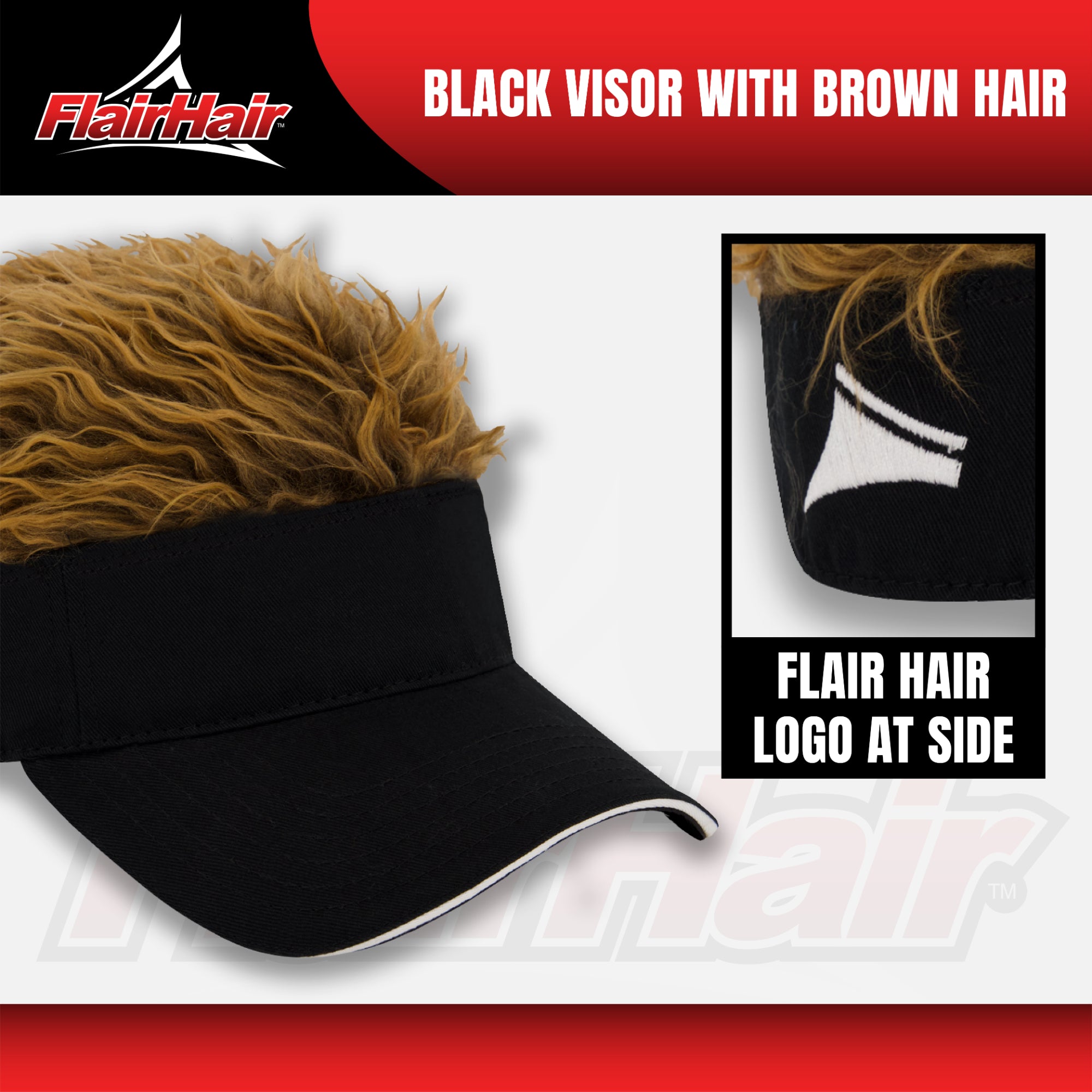 Flair Hair Sun Visor Cap with Fake Hair, Brown Hair with Black