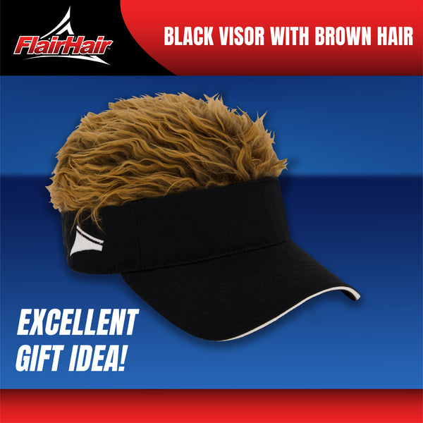 Flair Hair Sun Visor Cap with Fake Hair, Brown Hair with Black Adjustable Baseball Hat, Black, One Size