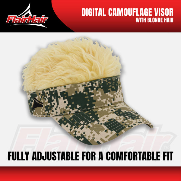 Flair Hair Sun Visor Cap with Fake, Blonde Hair with Light Digital Camouflage Adjustable Baseball Hat, Camo, One Size