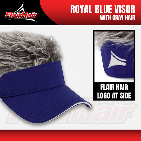 Flair Hair Sun Visor Cap with Fake Hair, Grey Hair with Royal Blue Adjustable Baseball Hat, Royal Blue, One Size