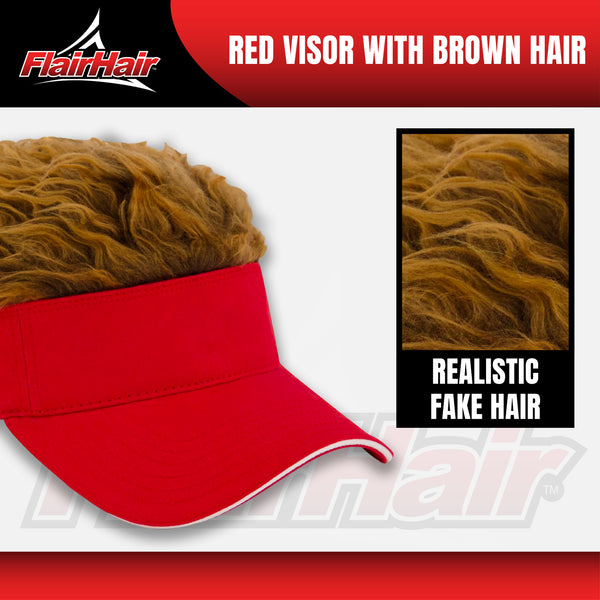 Flair Hair Sun Visor Cap with Fake, Brown Hair with Red Adjustable Baseball Hat, One Size