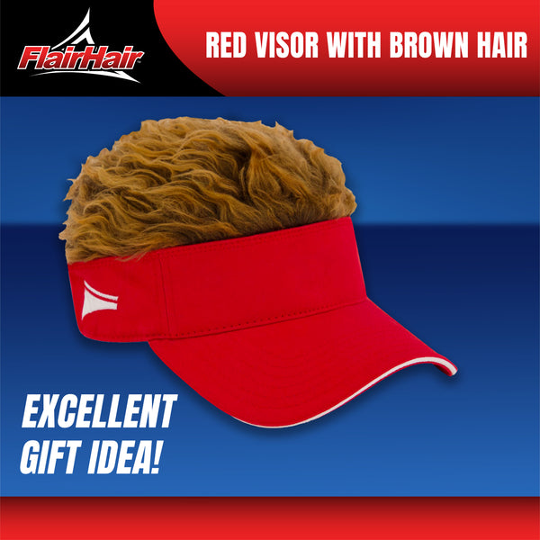 Flair Hair Sun Visor Cap with Fake, Brown Hair with Red Adjustable Baseball Hat, One Size